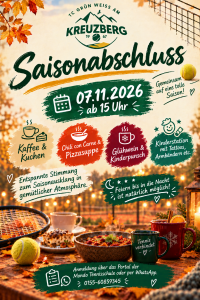 TCGW Saisonabschluss am 07.11.2026 ab 15 Uhr. Anmeldung über das Portal der Mondo Tennisschule oder per WhatsApp 015560859345